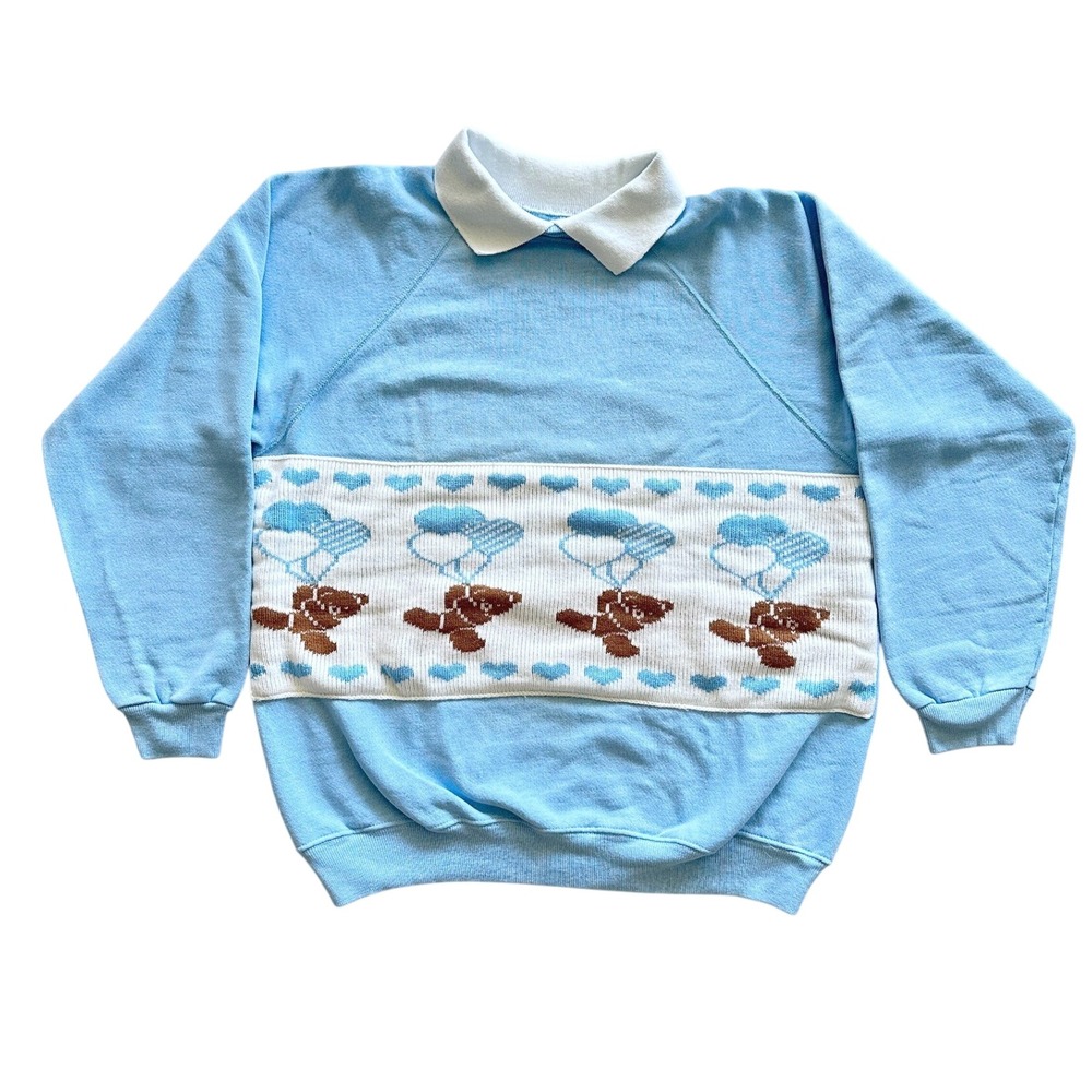 Vintage Hanes Teddy Bear Heart Balloon Collared Sweatshirt Blue XL Made in USA